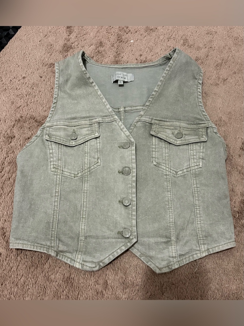 Love Tree Washed Sage Green Denim Vest with Button Front